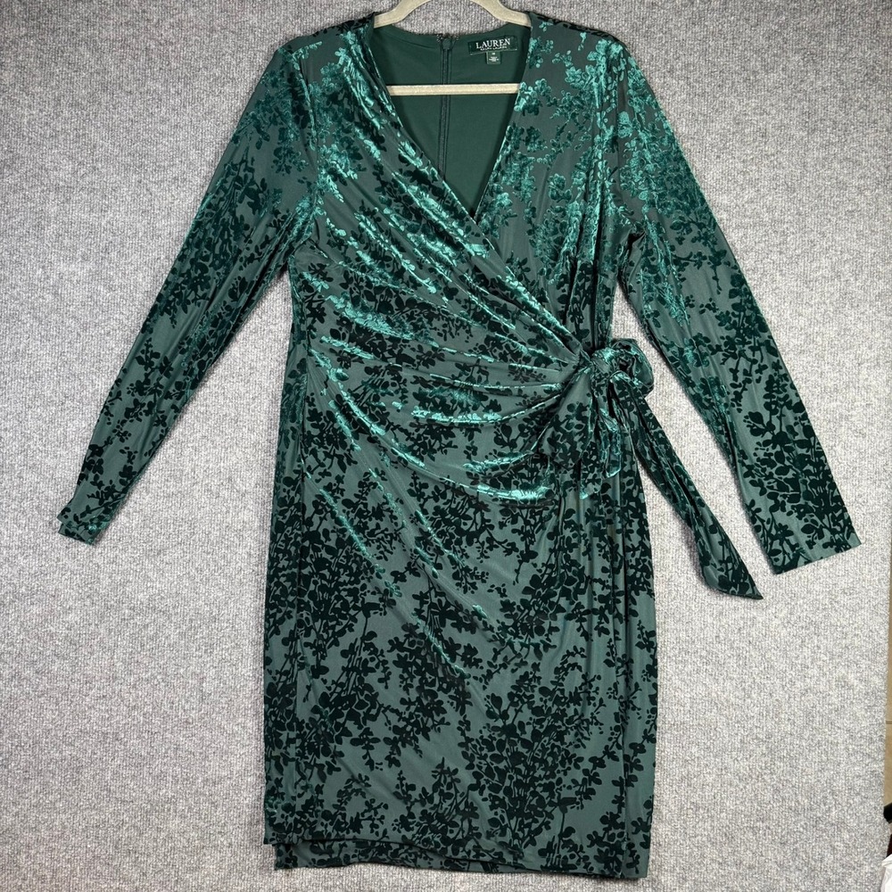Lauren Ralph Lauren Faux Wrap Dress Womens 12 Green Velvet Floral Holiday Attire